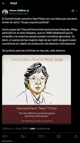 Arturo Zaldívar reaccionó al Premio Nobel de la Paz 2026