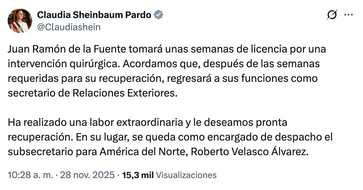 Claudia Sheinbaum confirma licencia de Juan Ramón de la Fuente por cirugía