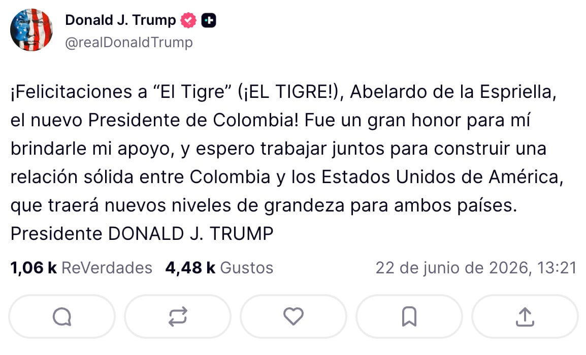 Donald Trump felicita a Abelardo de la Espriella tras triunfo en Colombia