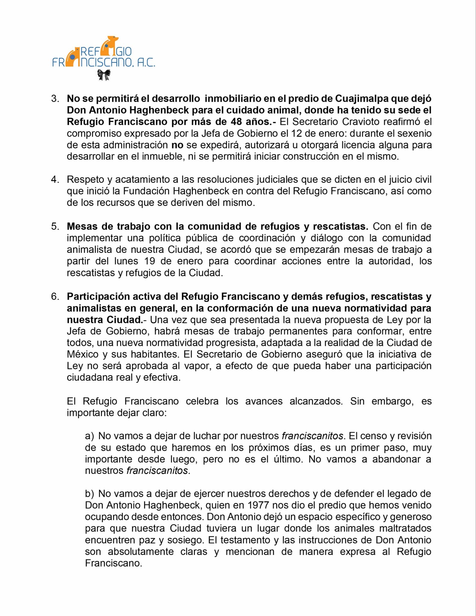 Comunicado del Refugio Franciscano sobre acuerdos con gobierno de la CDMX.