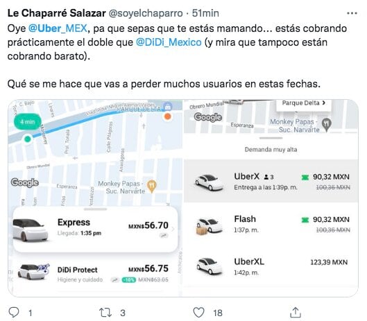 Tuit sobre tarifas de Uber y DiDi