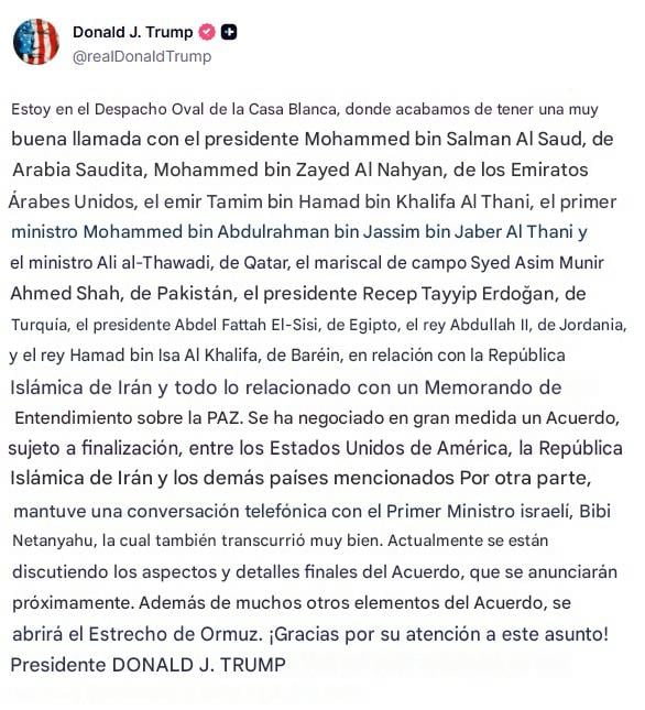 Trump asegura acuerdo con Irán en fase final y apertura de Ormuz