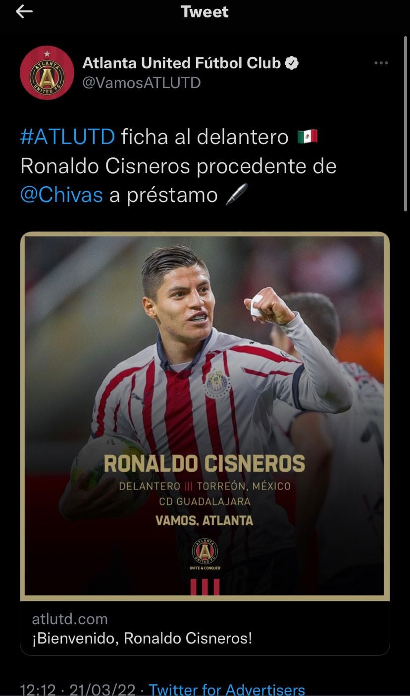 El Atlanta United FC anuncia el pase de Ronaldo Cisneros al equipo, proveniente del Club Chivas.