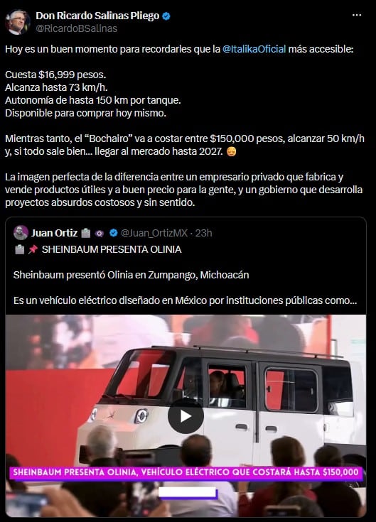 Ricardo Salinas Pliego criticó Olinia