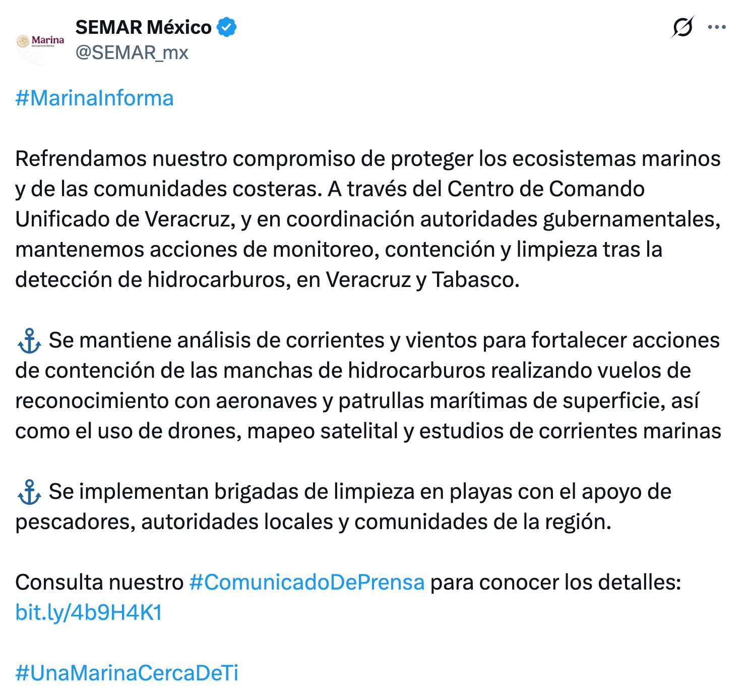 Semar participa en acciones de monitoreo por derrame en Veracruz y Tabasco