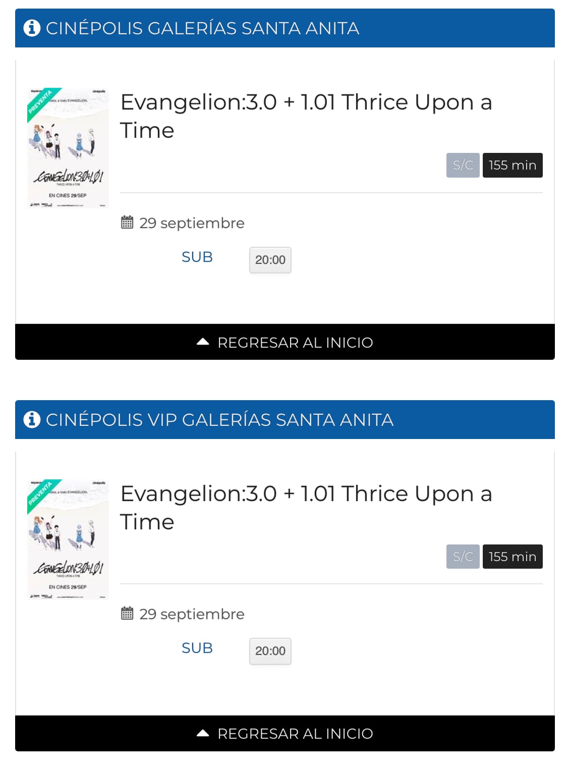 Evangelion 3.0+1.0 Horarios
