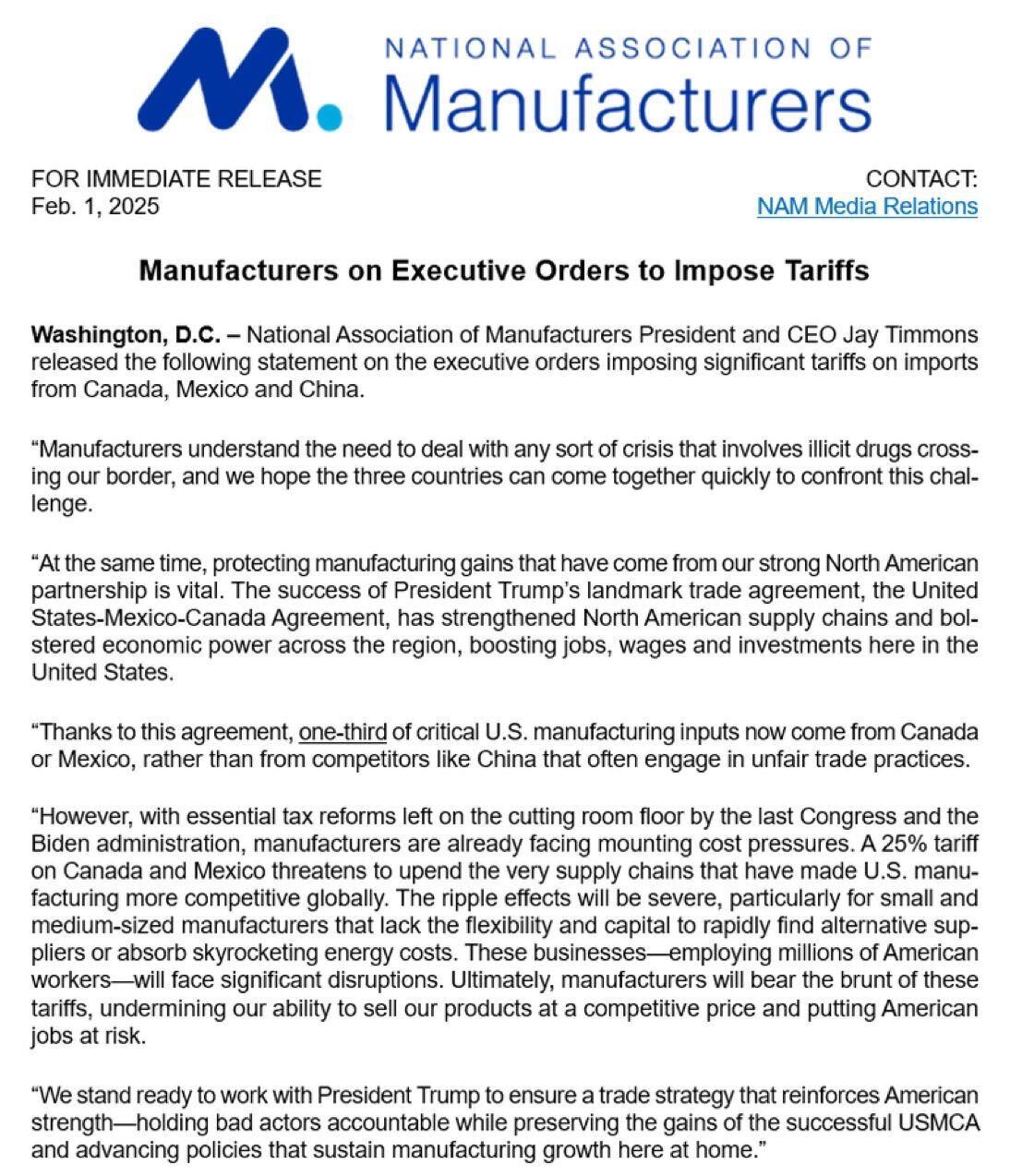 Asociación Nacional de Manufacturas de Estados Unidos pide Donald Trump revisar aranceles a México por crisis en cadena de suministros