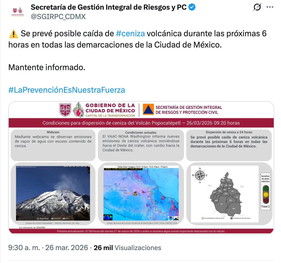 Autoridades advierten por caída de ceniza en CDMX