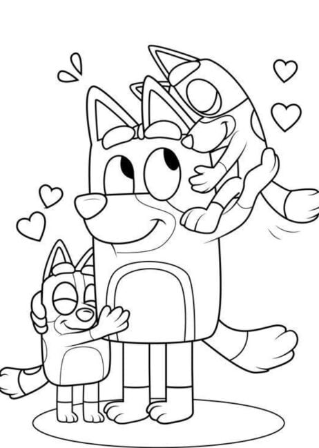 Chilli abrazando a Bluey y Bingo en el Día de las Madres
