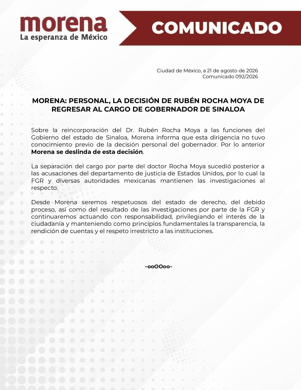 Morena marca distancia ante el regreso de Rubén Rocha Moya a Sinaloa