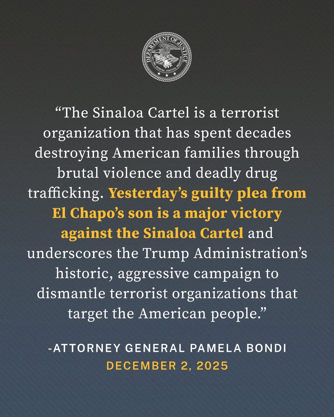 Mensaje de Estados Unidos sobre declaración de Joaquín Guzmán López