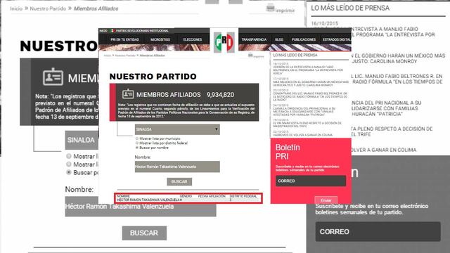 De acuerdo con el padrón de afiliados del tricolor, que se encuentra disponible su portal electrónico (www.pri.org.mx), Takashima está afiliado en el distrito 3 del estado de Sinaloa.
