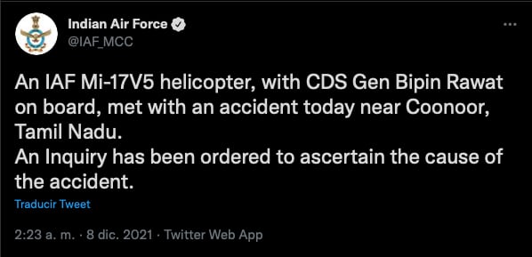 Fuerza aérea india confirma accidente del jefe del ejército/@IAF_MCC