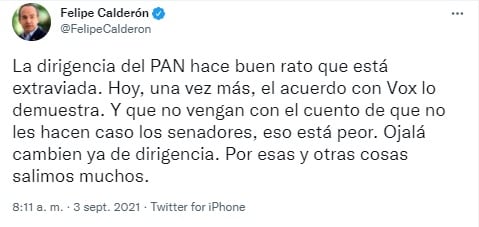 Felipe Calderón expresa rechazo ante relación del PAN con Vox