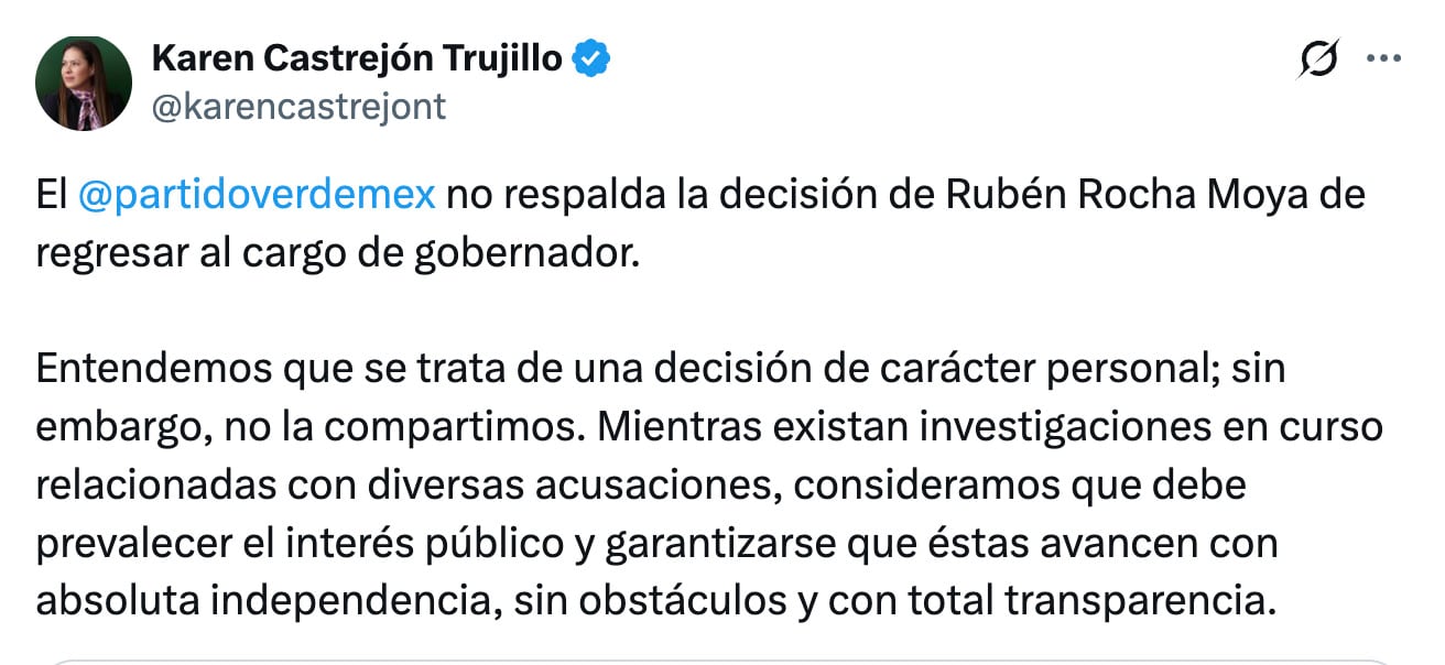 Partido Verde en el Senado tacha de “imprudente” regreso de Rocha Moya