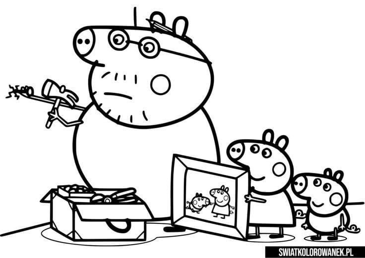 Dibujos de Papá Cerdito con Peppa Pig y George para colorear por el Día del Padre
