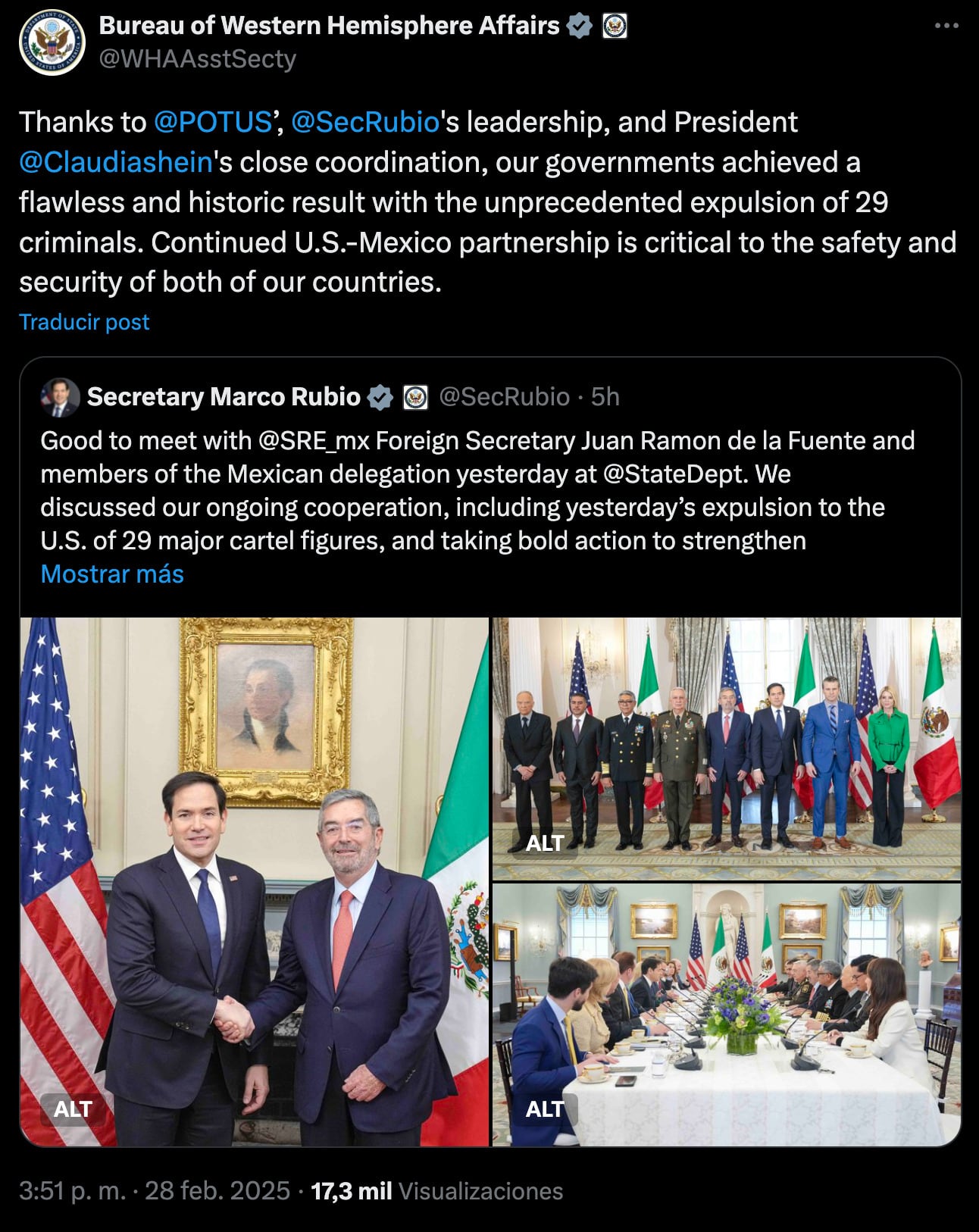 Estados Unidos agradece a Claudia Sheinbaum.