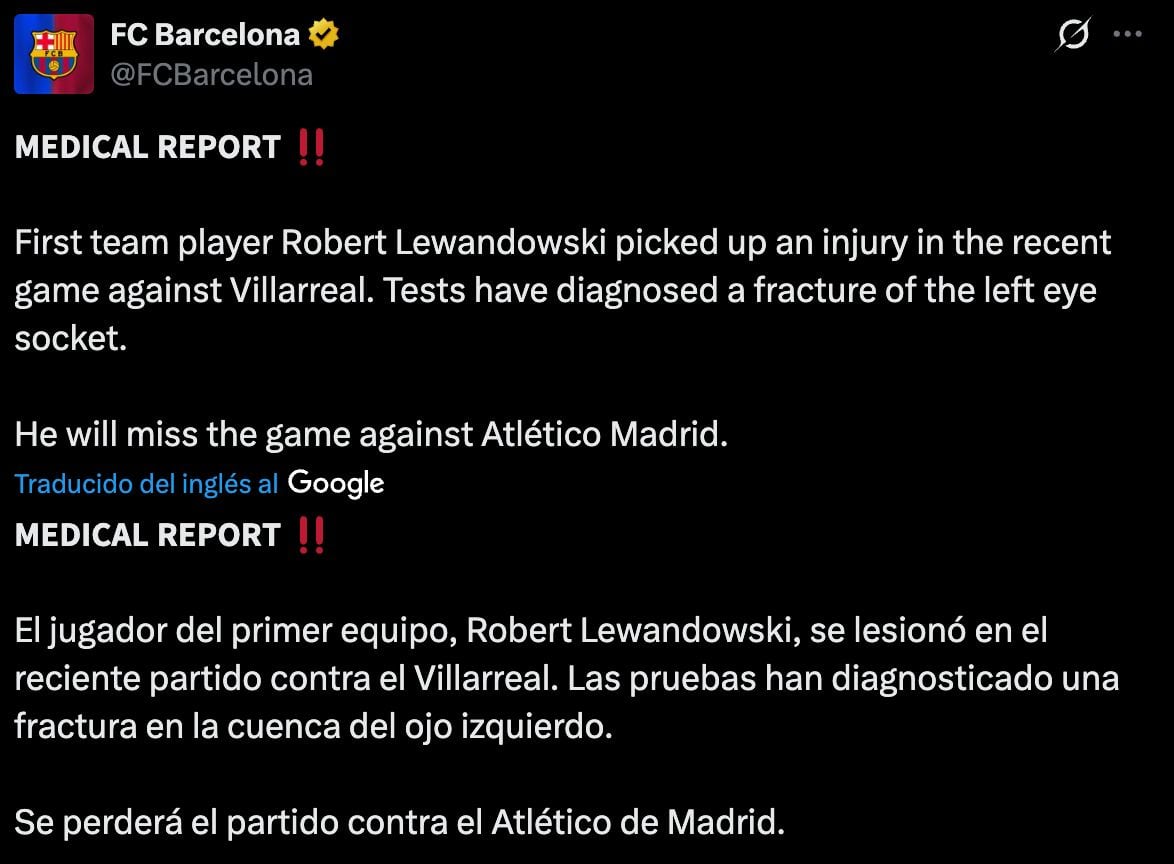 FC Barcelona confirma lesión de Lewandowski y no jugará ante Atlético en Copa del Rey.