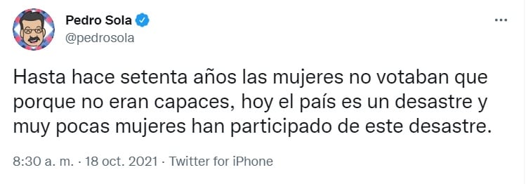 Pedro Sola asegura que las mujeres no votaban porque no eran capaces