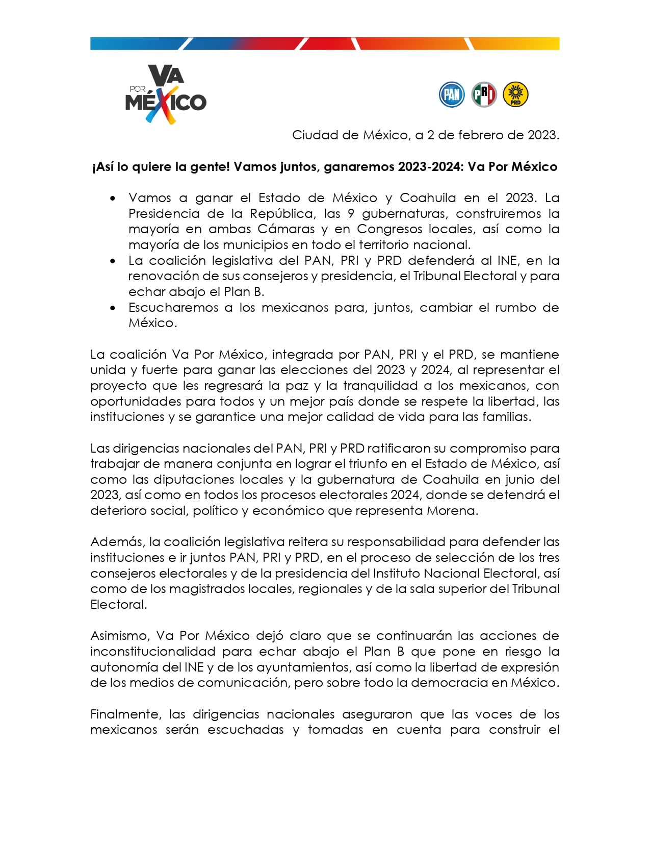 PAN y PRI incluyen, ahora sí, al PRD en la alianza Va por México para las elecciones 2023 y 2024