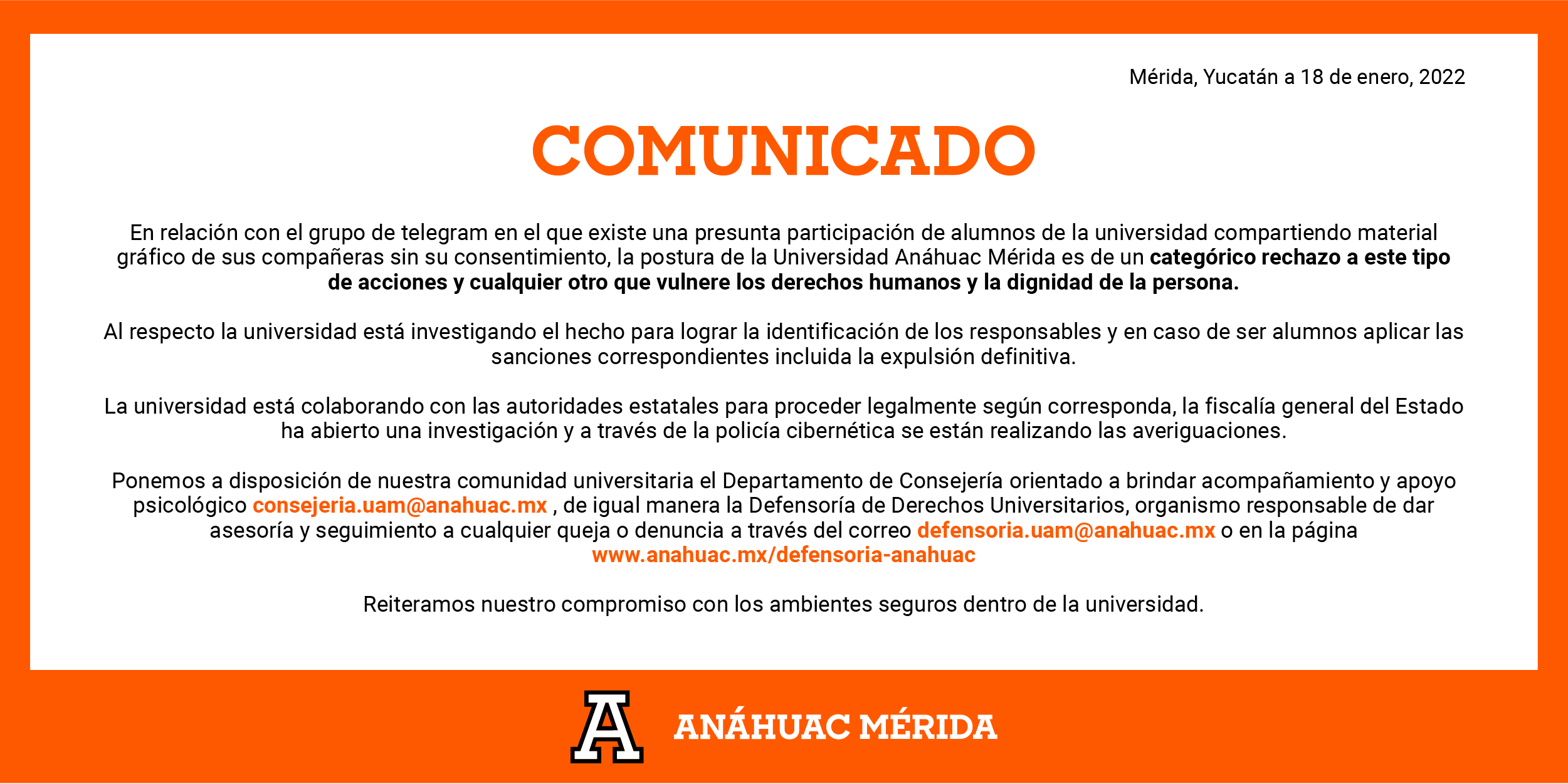 Comunicado de la Universidad Anáhuac Mérida