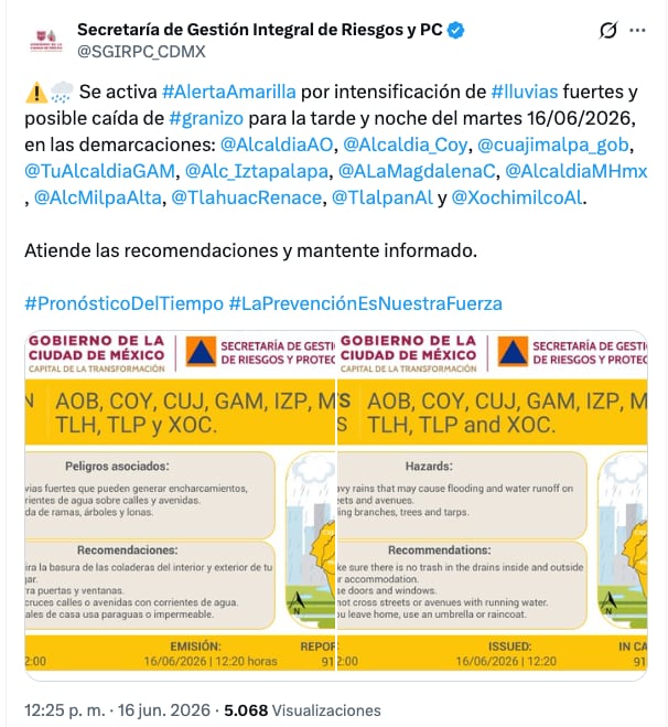 Recomendaciones por lluvias y granizo en la CDMX