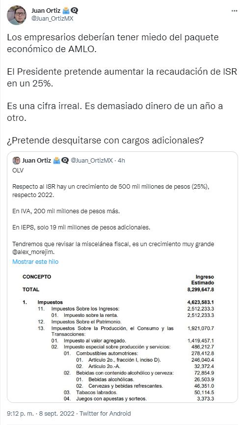El usuario @Juan_OrtizMX dice que habrá un alza de impuestos en 2023