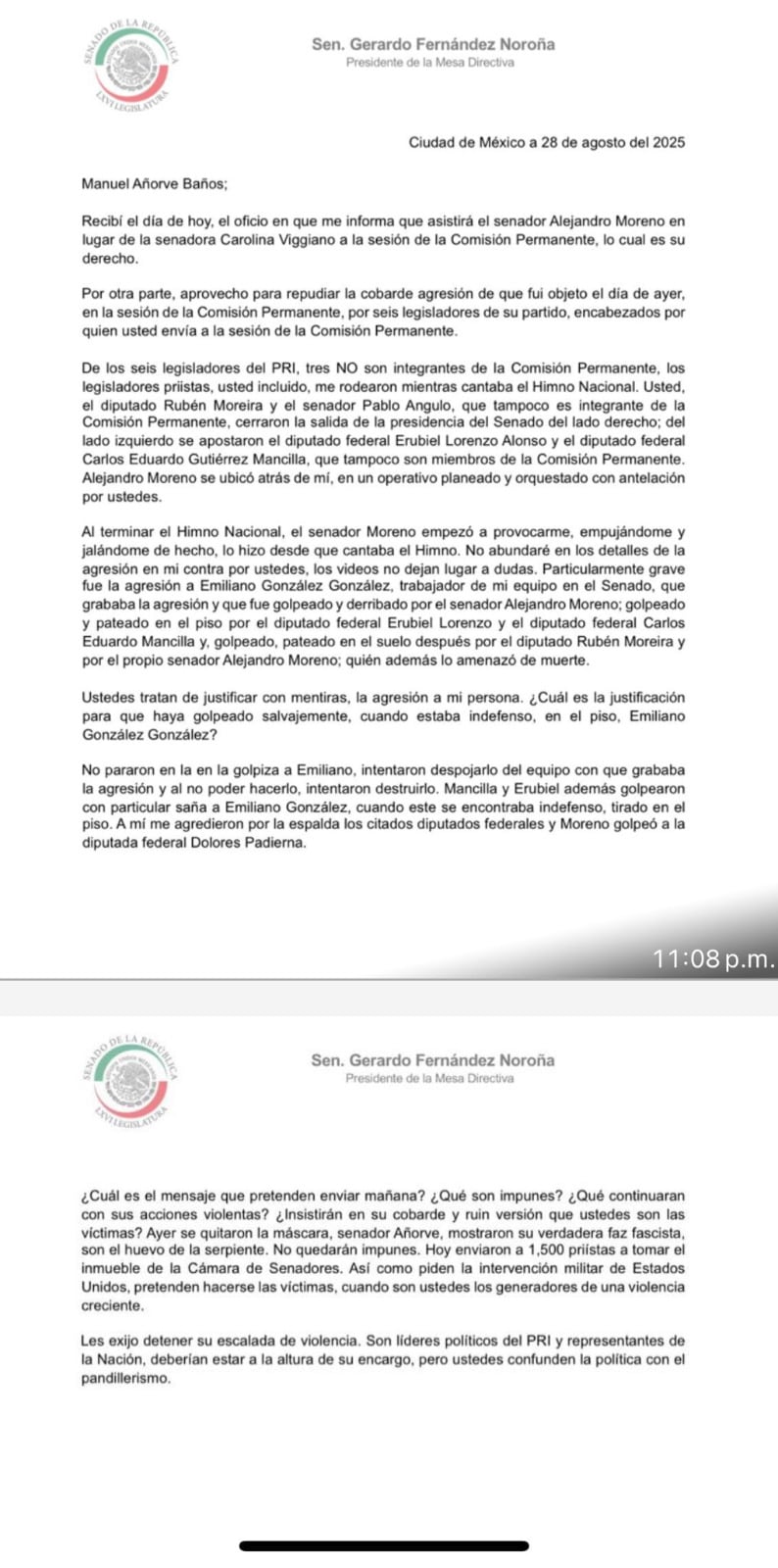 Carta en la que Gerardo Fernández Noroña pide al PRI frenar escalada de violencia
