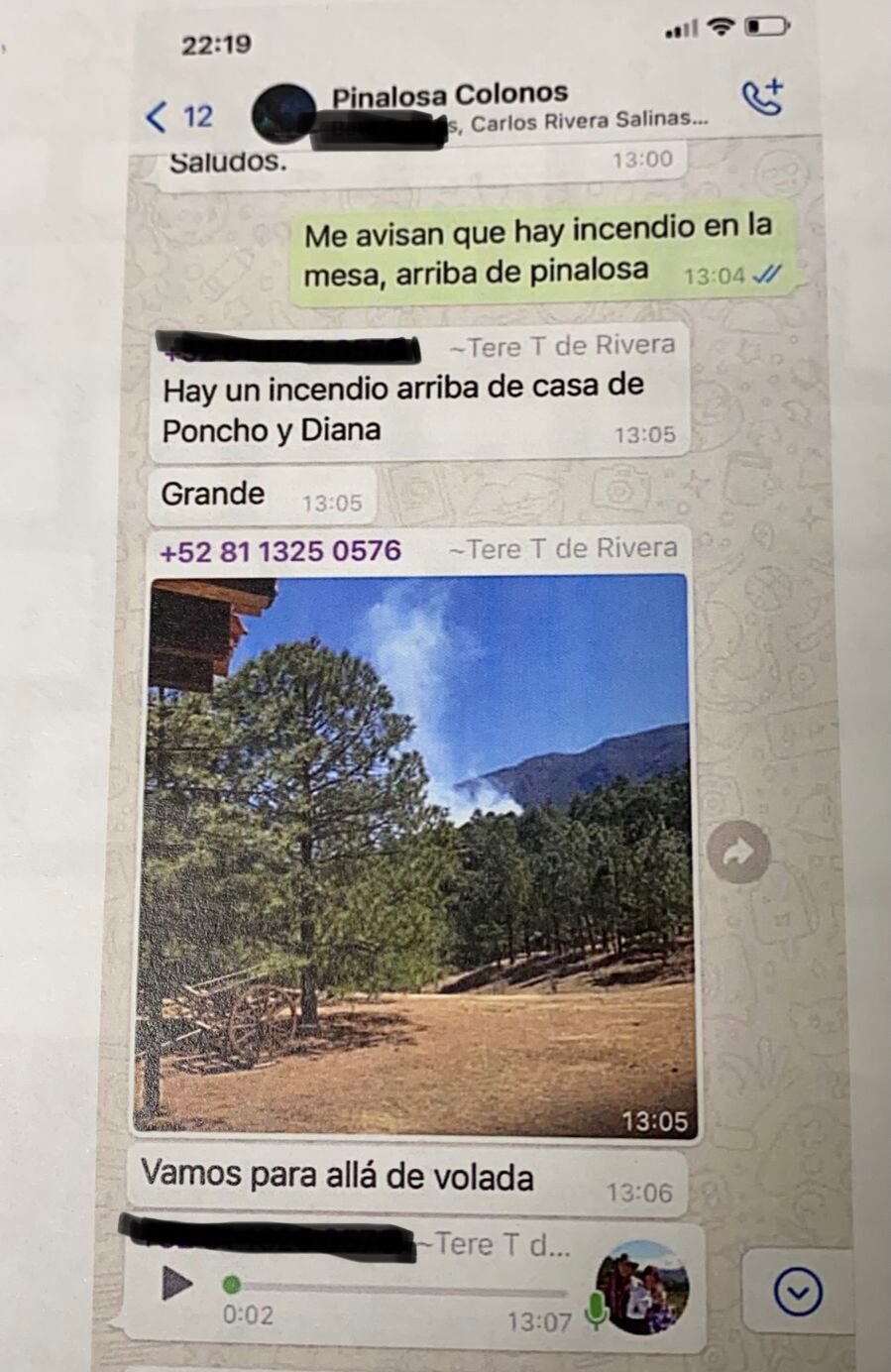 Tere menciona en este chat haber visto un incendio arriba de la casa de Poncho (Lobo) y su esposa Diana y no en la de Adrián