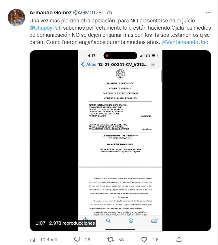 Tuits sobre demanda de Gloria Trevi contra Pati Chapoy