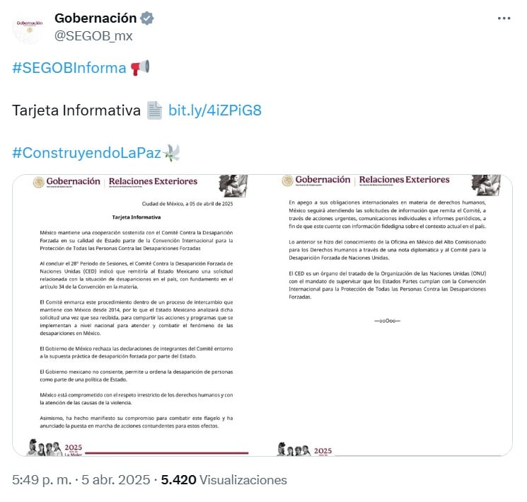 Gobierno de México rechaza dichos de la ONU
