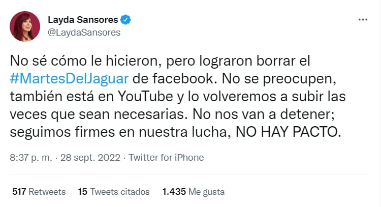 Layda Sansores acusa que borraron el Martes del Jaguar de Facebook y reitera que "no hay pacto" con Alejandro Moreno