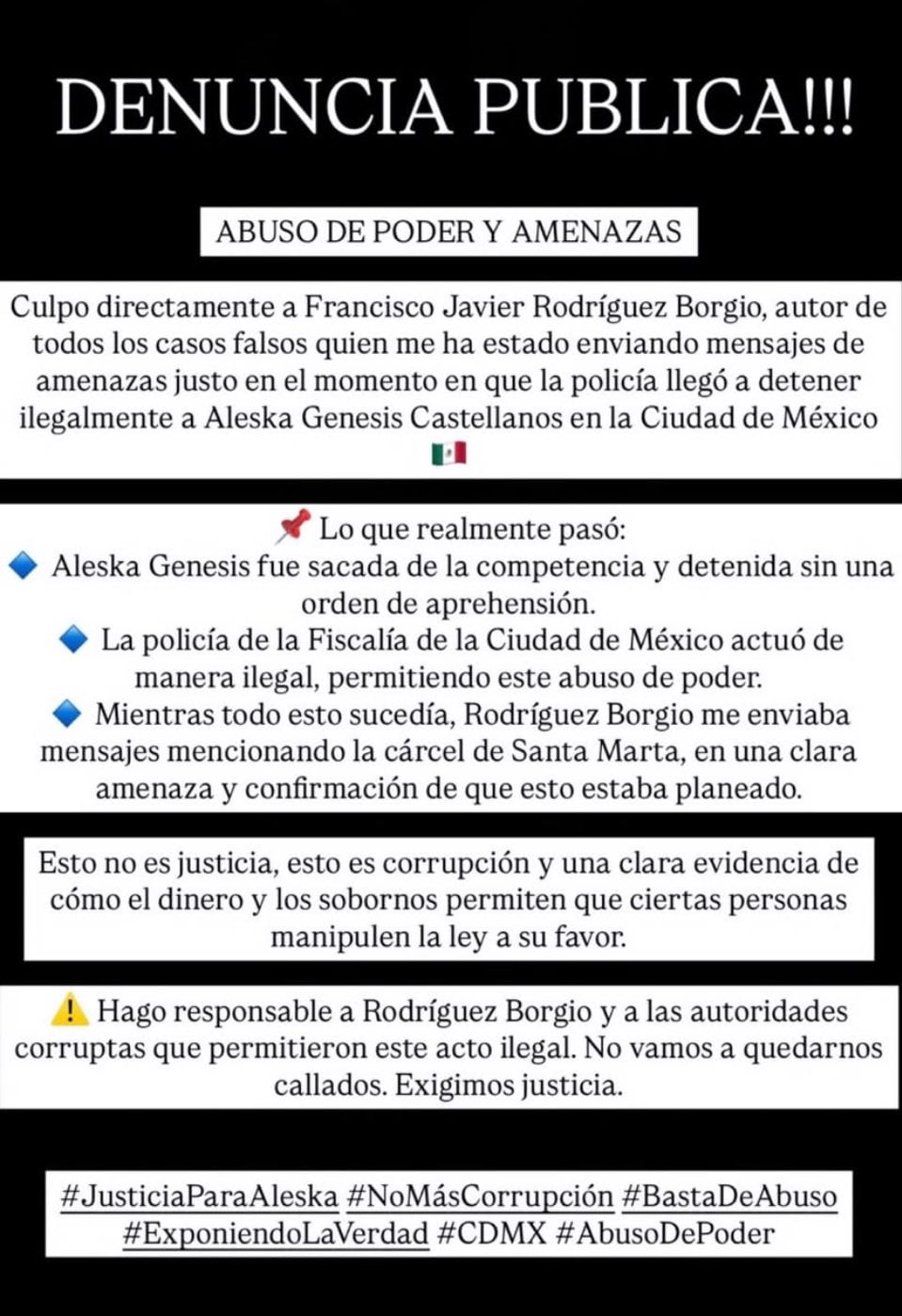 Hermana de Aleska Génesis asegura que Javier Rodríguez Borgio le fabricó el delito.