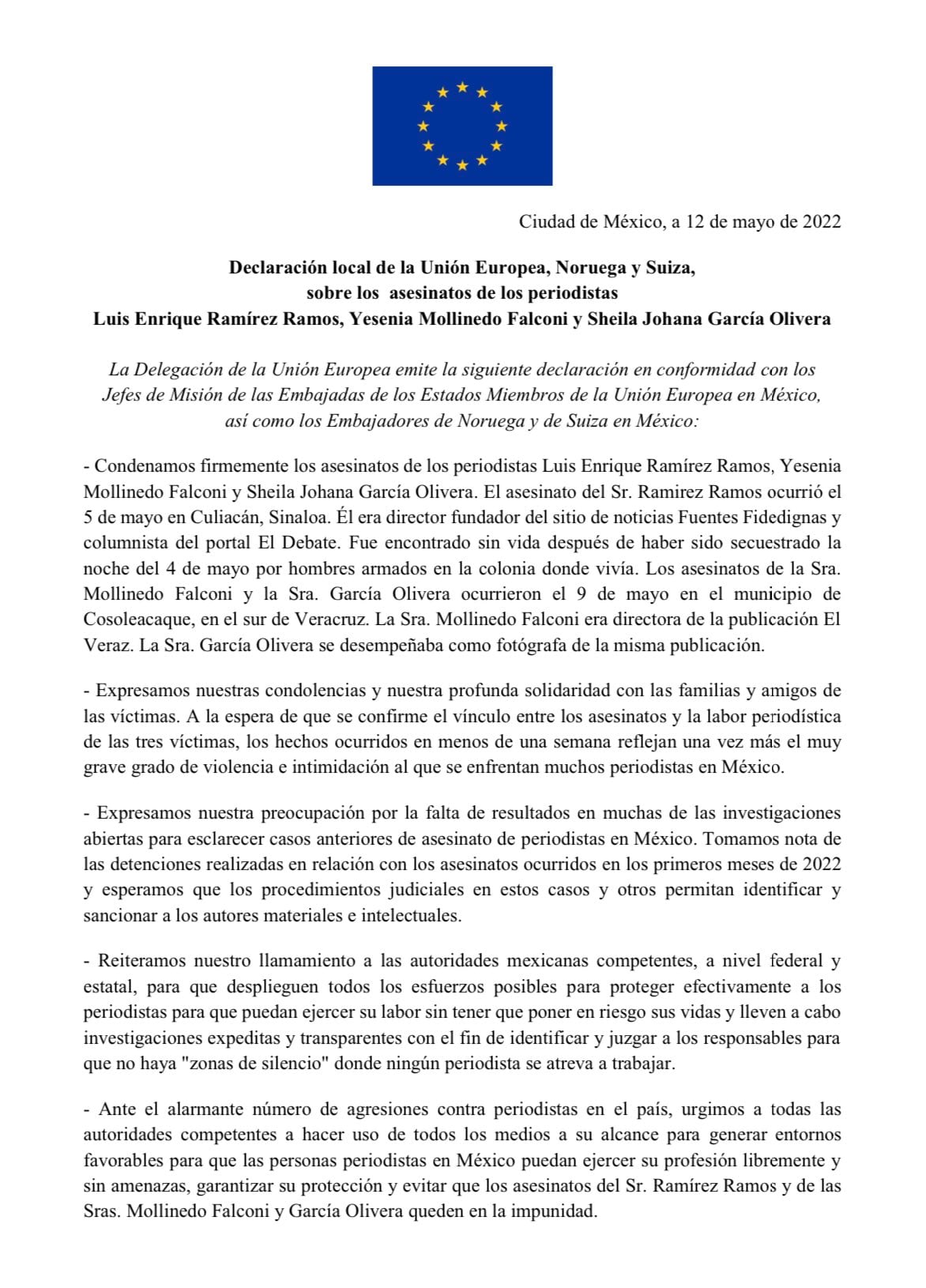 Declaración de Unión Europea, Noruega y Suiza