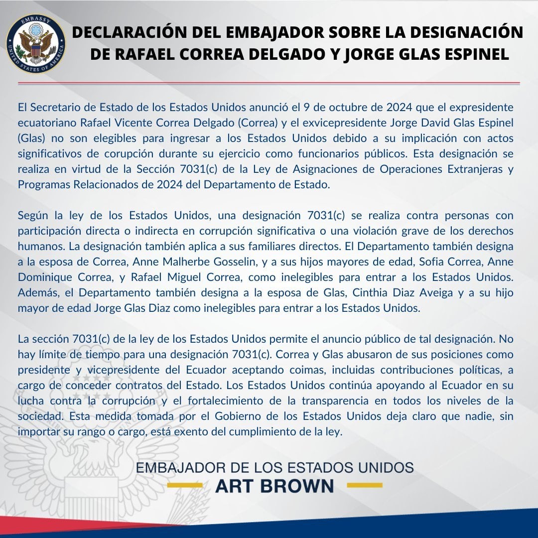 A través de un comunicado, la Embajada de Estados Unidos en Ecuador informó que Rafael Correa y Jorge Glas no podrán entrar a Estados Unidos.