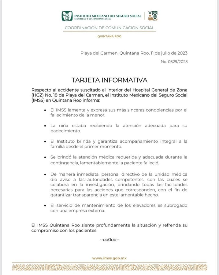 Comunicado del IMSS Quintana Roo tras muerte de niña en elevador