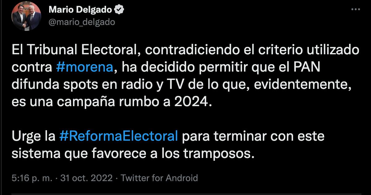 El INE sí deja al PAN difundir spots rumbo a las elecciones 2024 y a Morena no, acusa Mario Delgado