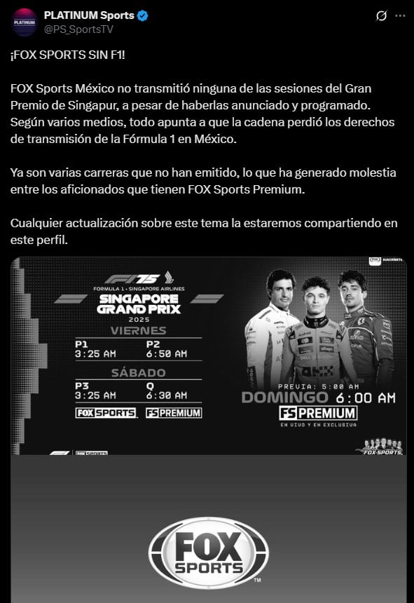 Fox Sports México se queda sin Formula 1 en pleno GP de Singapur