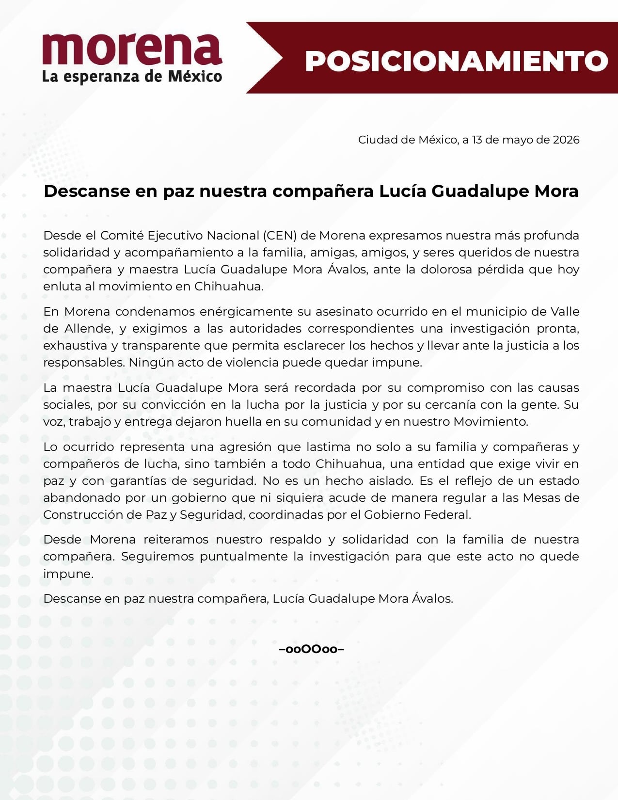 Comunicado de Morena sobre asesinato de Lucía Guadalupe Mora en Chihuahua.