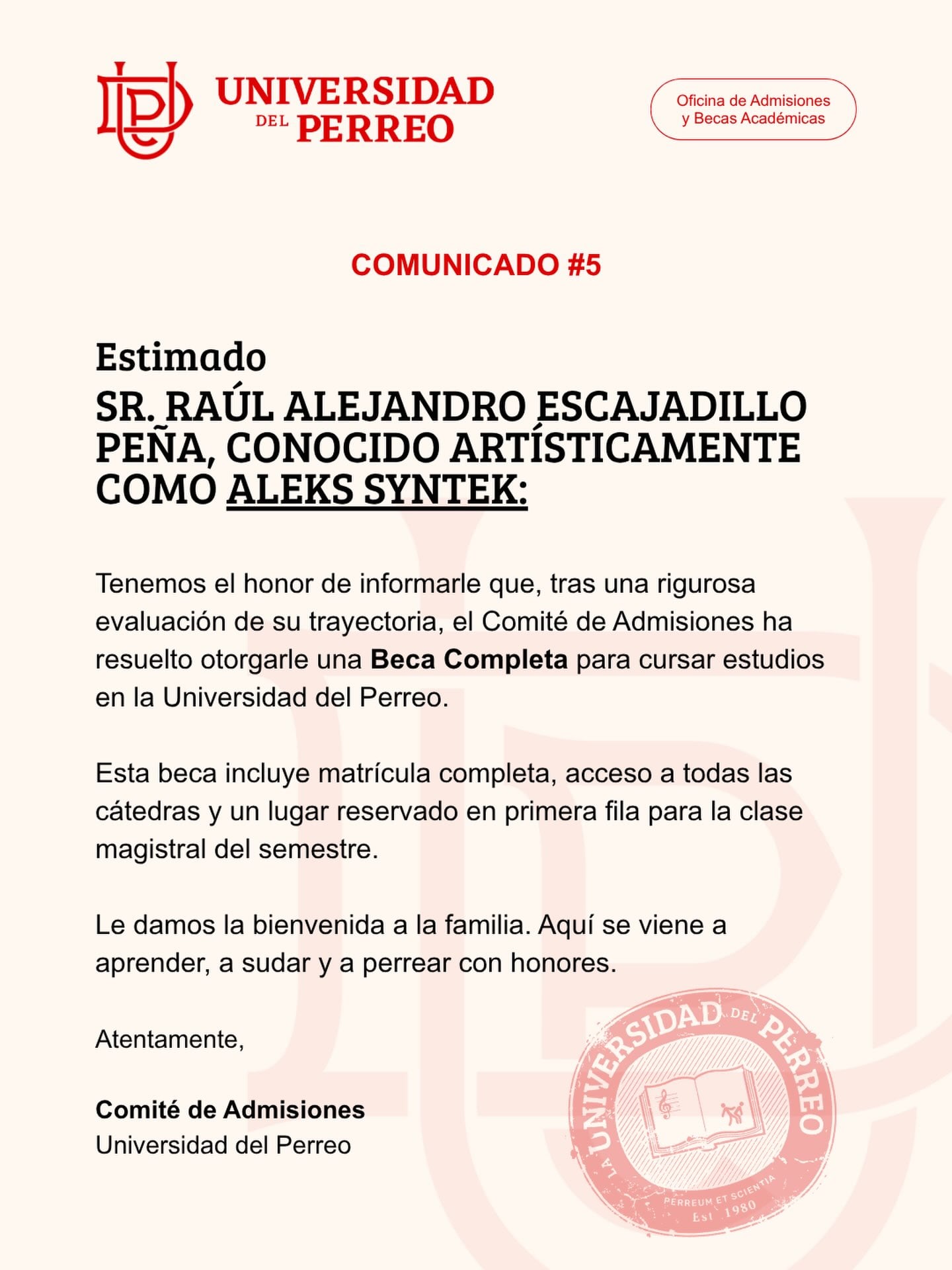 Universidad del Perreo da beca a Aleks Syntek.
