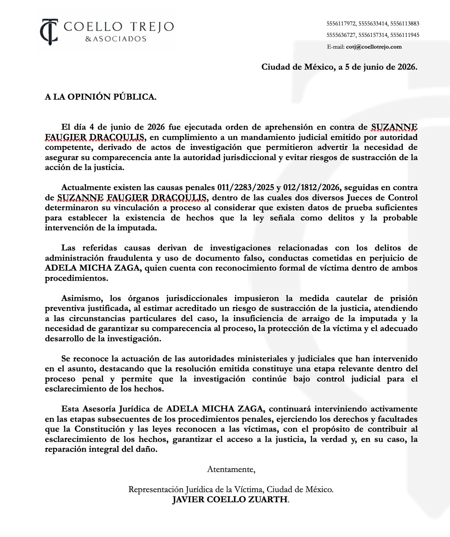 Abogada de Adela Micha explican proceso contra Suzanne Faugier