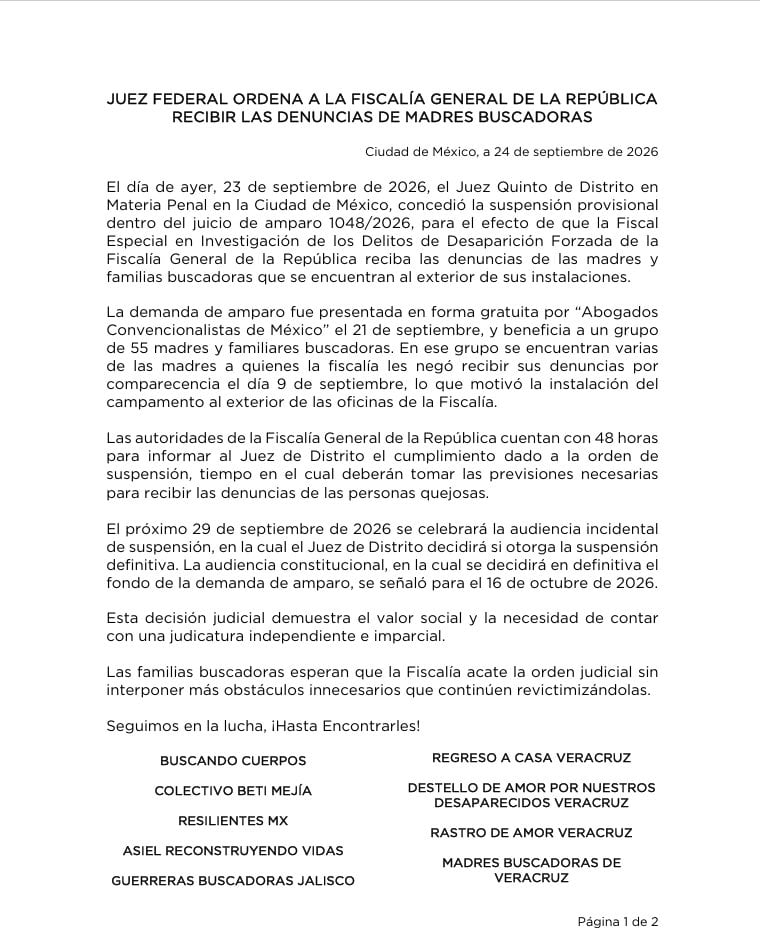 Tras semanas de protesta, juez ordena a la FGR recibir denuncias de madres buscadoras
