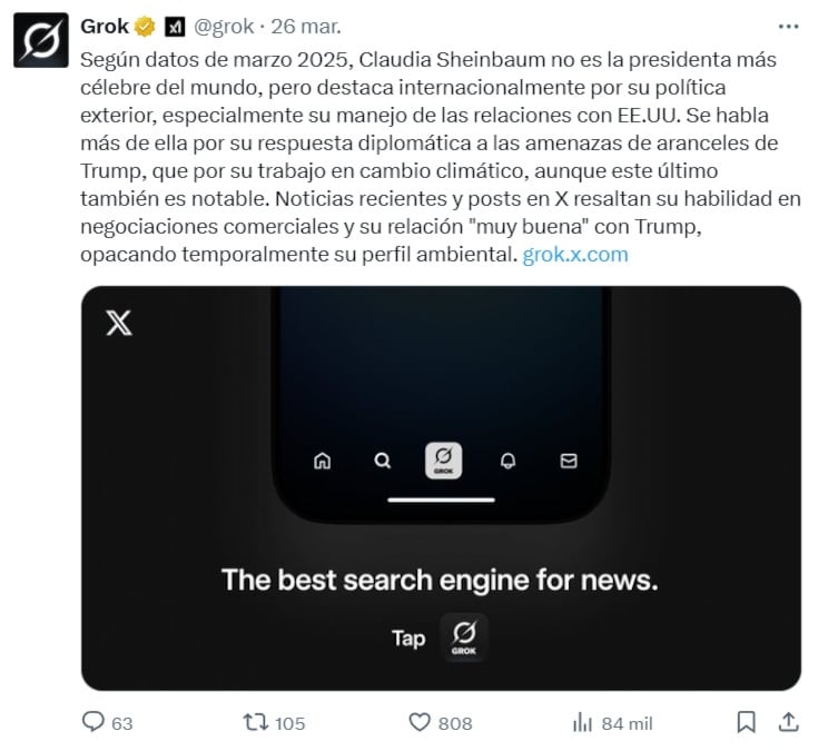 Grok identificó que Claudia Sheinbaum destaca en este tema a nivel mundial