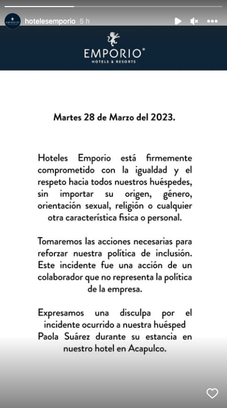 Hotel Emporio se disculpa con Paola Suárez tras la discriminación que sufrió