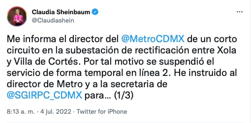 Claudia Sheinbaum sobre el corto circuito de la línea 2/captura de pantalla de twitter