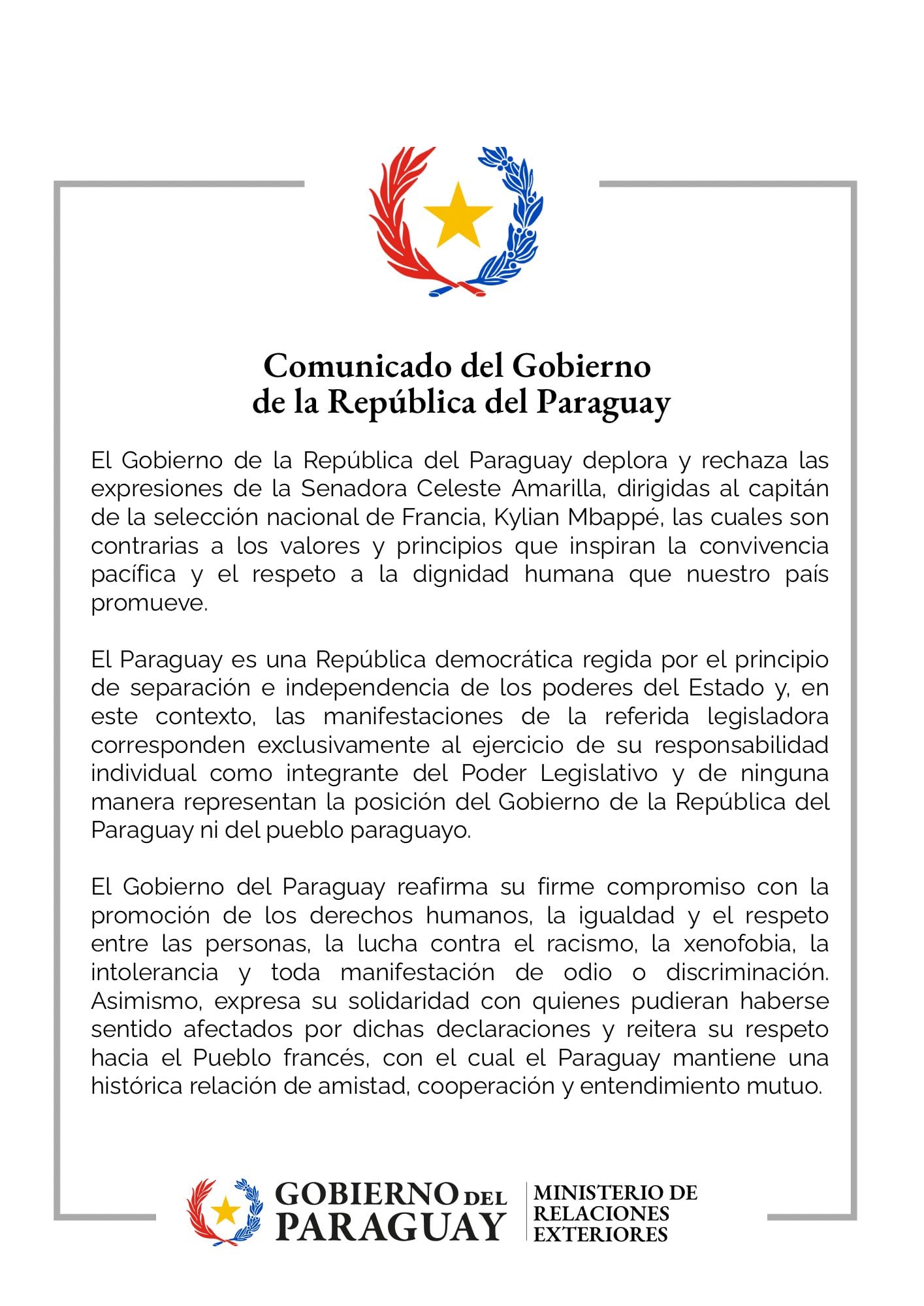 Gobierno de Paraguay responde a la polémica entre Celeste Amarilla y Mbappé