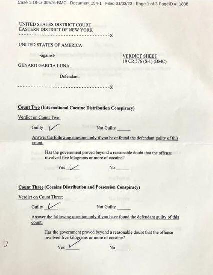 Así son los formatos con los que el jurado declaró culpable a Genaro García Luna