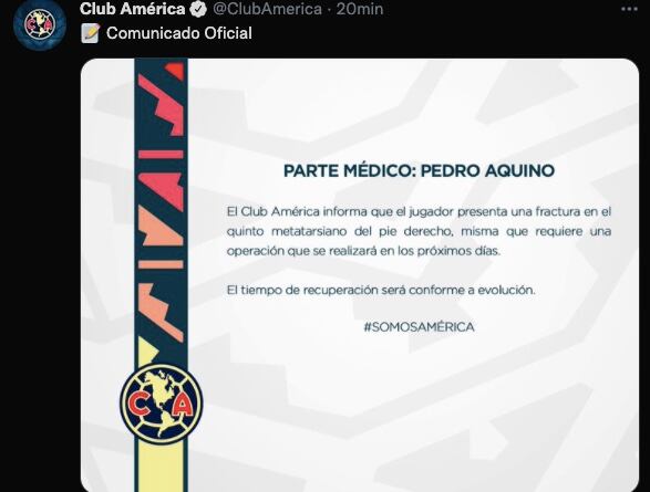 Club América informó sobre la lesión de Pedro Aquino