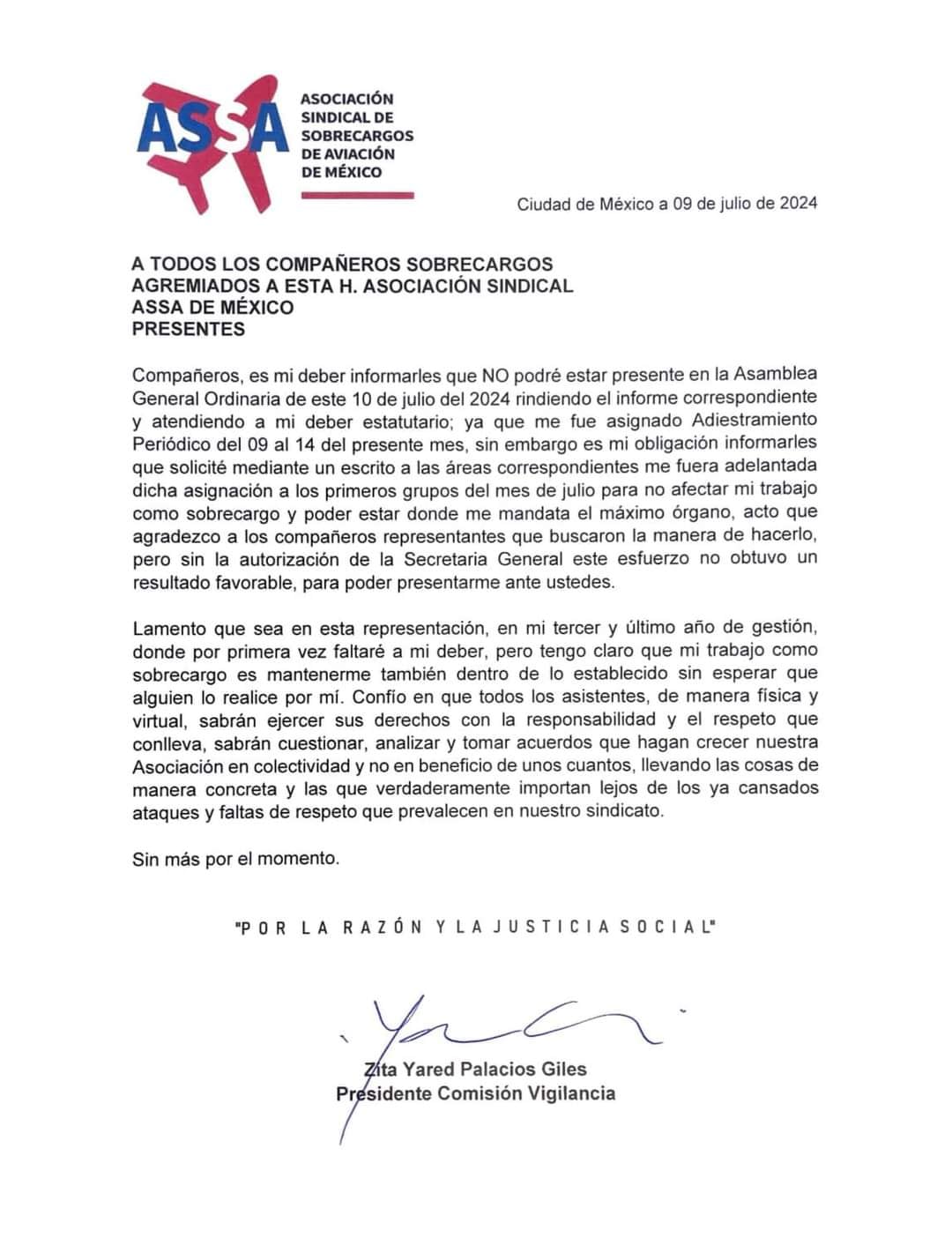 Comunicado de la titular de la comisión de vigilancia de ASSA