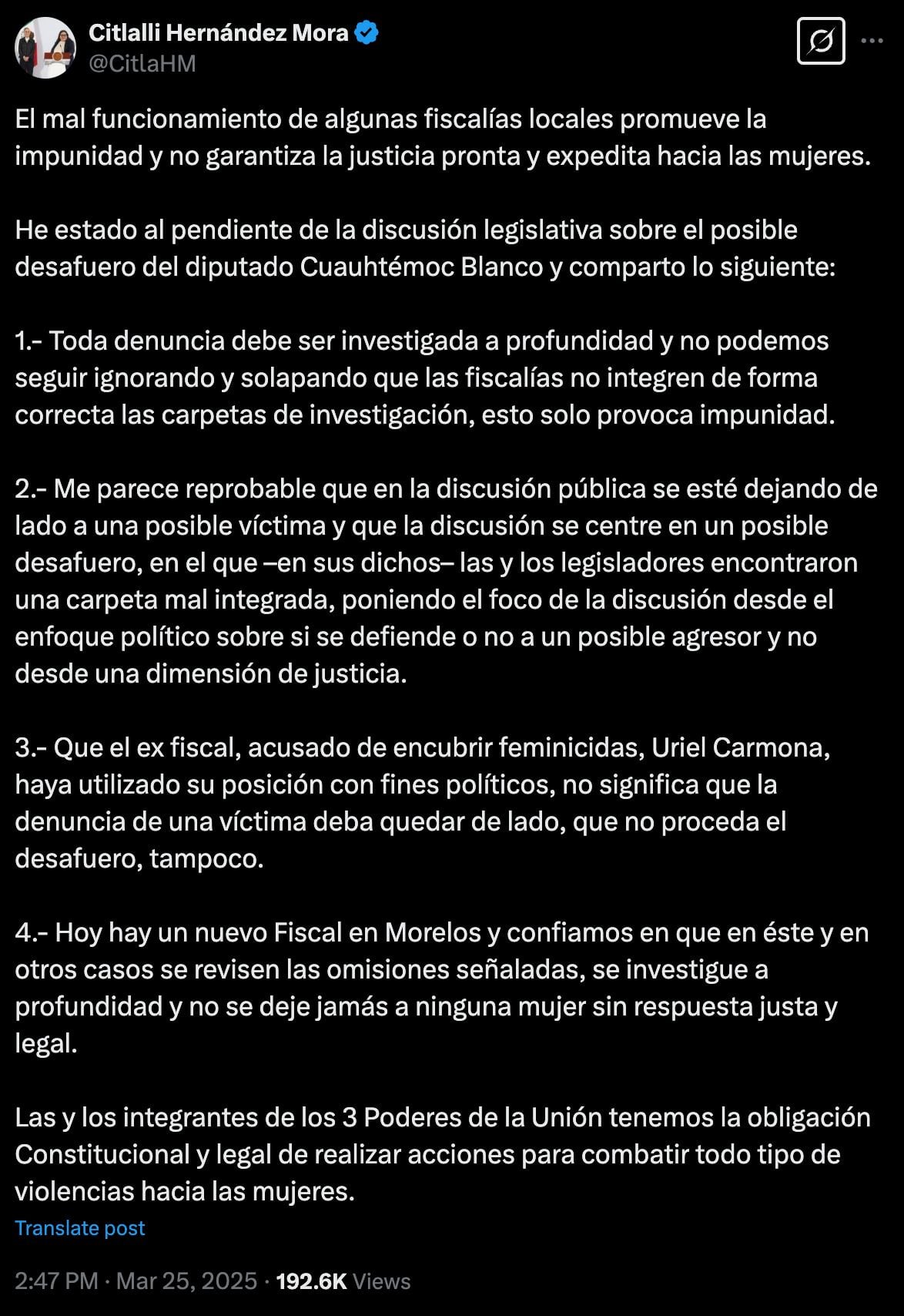 Citlalli Hernández sobre posible desafuero de Cuauhtémoc Blanco.